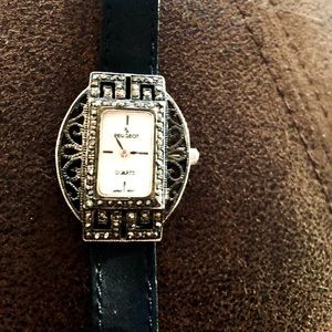 Peugeot Marcasite Beautiful Silver Watch with Genuine Black Leather Band